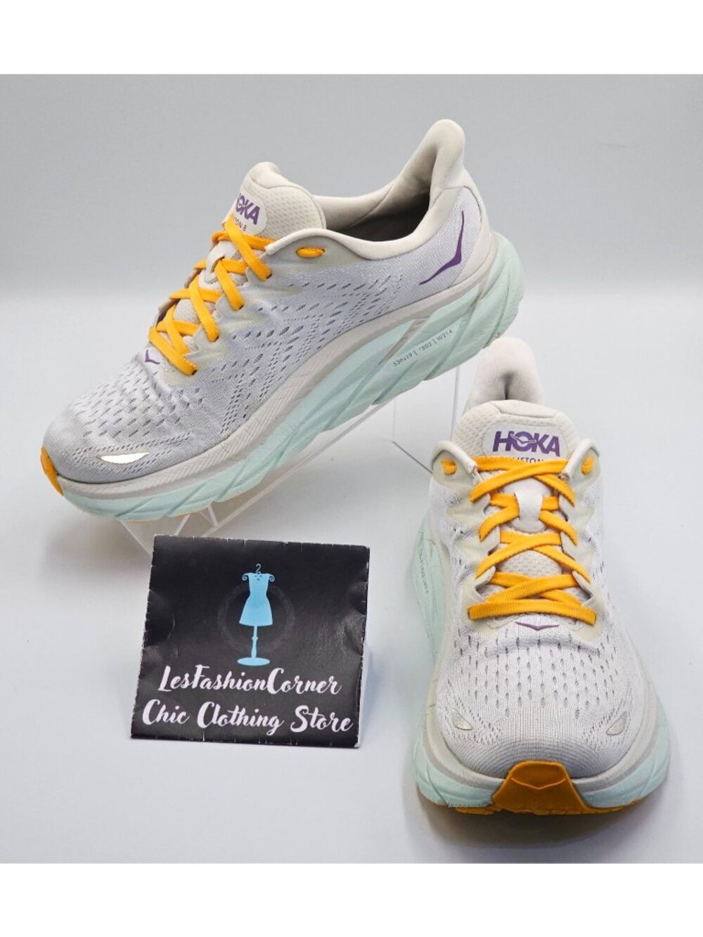 Hoka One One Women's White Yellow Mesh Clifton 8 Running Shoes Size 10B 2658